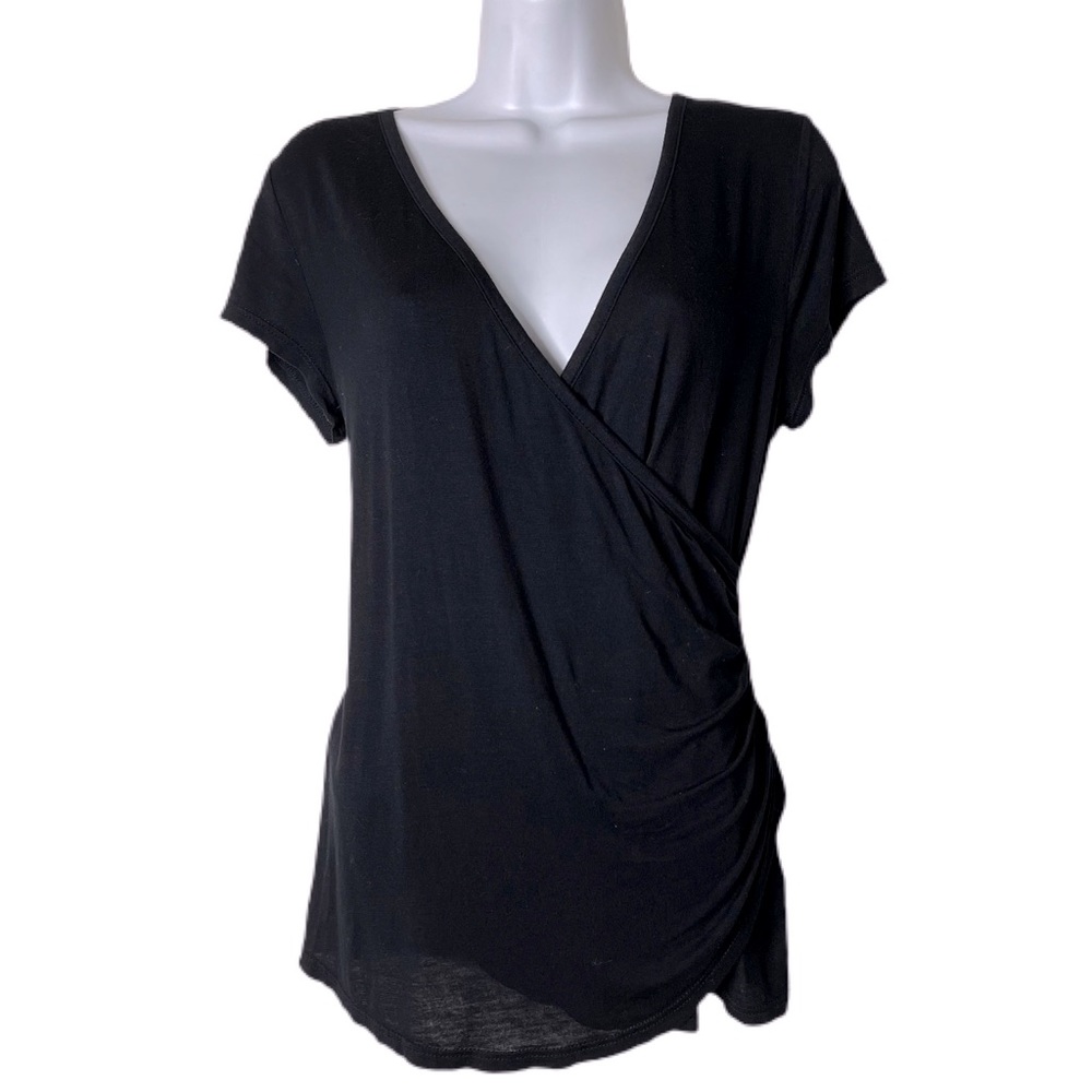 ModCloth Black Faux Wrap Short-sleeve Top …